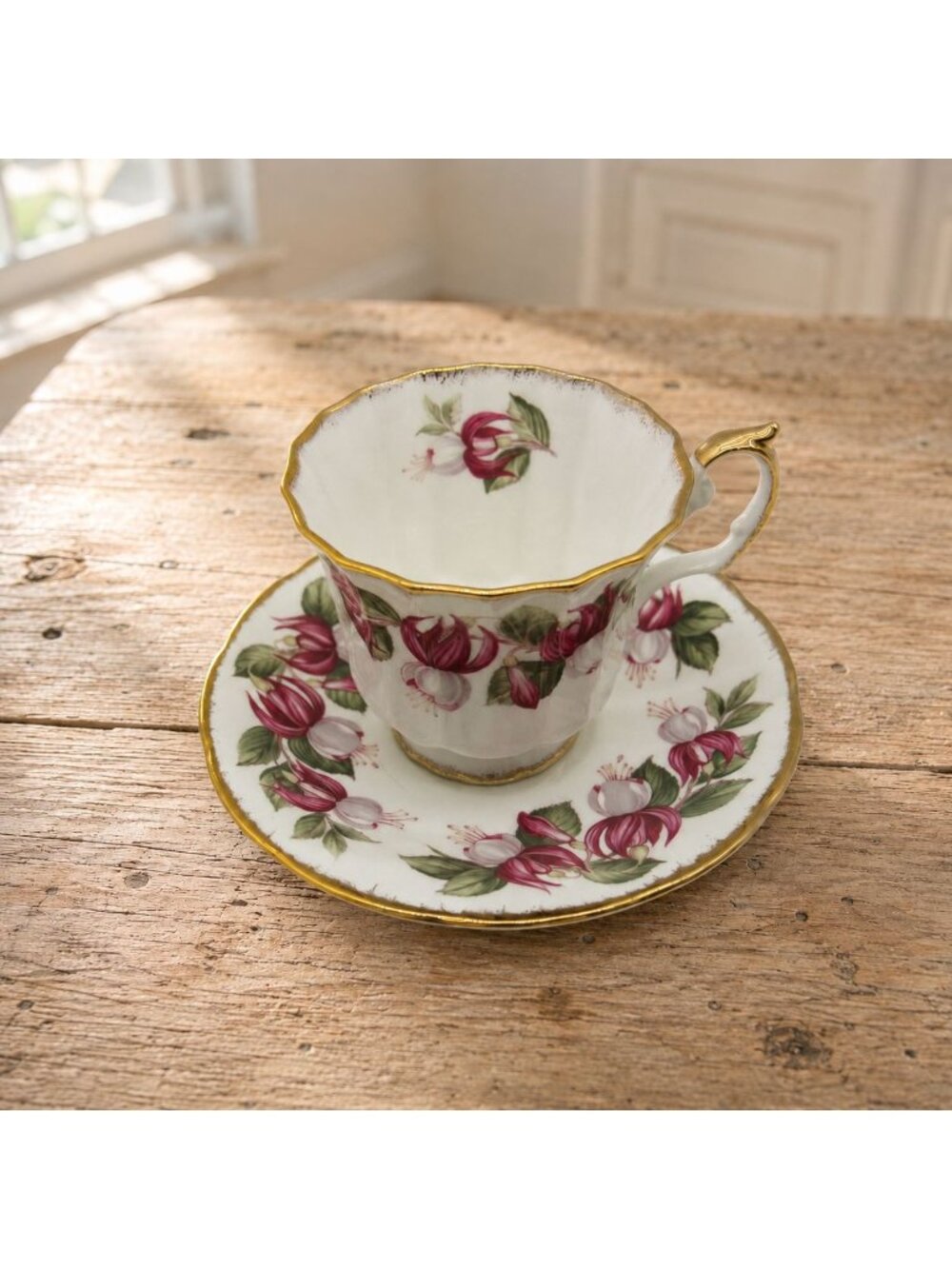 Staffordshire Fuchsia Tea Cup Saucer Set July Flower Bone China England